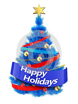 3d blue Christmas tree with happy holidays sign