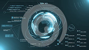 3D blue digital HUD Earth Globe user interface. Military and Space technology concept. Futuristic environment and economic.