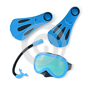 3d Blue Diving Mask, Snorkel and Fins Set Cartoon Style. Vector