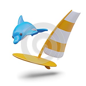 3D blue dolphin, yellow board with sail. Windsurfing concept