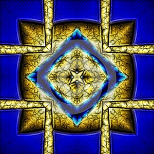 3d blue golden fractal symmetric pattern