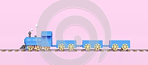 3d blue locomotive steam cartoon with railroad tracks, wagons empty isolated on pink background. train transport toy, summer