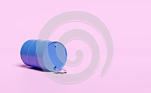 3D blue oil barrel icon with spilled oil isolated on pink background. 200 liters oil tank, 3d render illustration