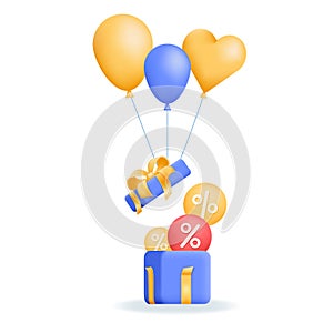 3d blue open gift box with gold ribbon bow and balloons. Realistic concept for sale and discounts banner.