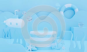 3d blue podium on pastel background abstract geometric shapes. 3d rendering for banner, stage, display product mockup design.