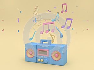 3d blue radio with many music note,key sol cartoon style soft yellow minimal background 3d render