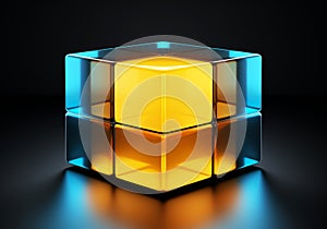 3D blue and yellow cube with refraction and holographic effect light on dark background