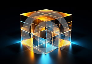 3D blue and yellow cube with refraction and holographic effect light on dark background