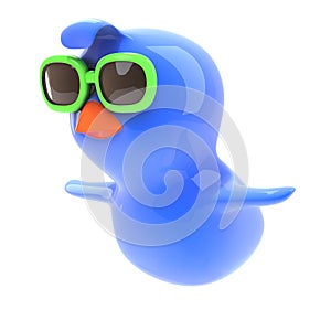 3d Bluebird flying wearing green sunglasses