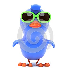 3d Bluebird flying wearing green sunglasses