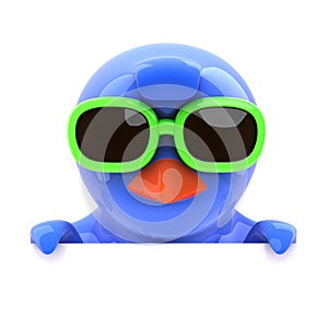 3d Bluebird looking over the top in green sunglasses