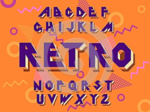 3d Bold retro font. Vintage Alphabet vector 80 s, 90 s Old style graphic poster