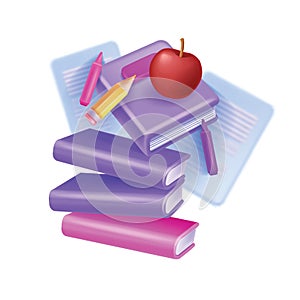 3D book icon, vector diary literature clipart online education dictionary, cartoon encyclopedia pile.