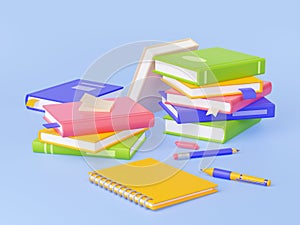 3d books, notepad, pencil, pen and eraser