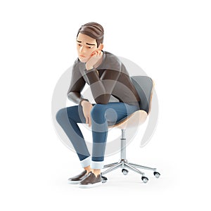 3d bored cartoon man sitting on chair