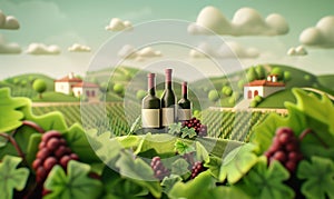 3d bottles of red wine sit on the hill. Blue grapes and houses. Image for winery