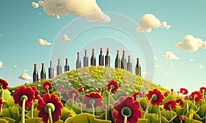 3d bottles of red wine sit on the hill. Flowers watch the wine. Image for winery