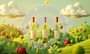 3d bottles of white wine sit on the hill. Flowers and leaves. Image for winery