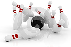 3d bowling, strike isolated on white