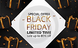 3d box present with gold ribbon and confetti for black friday sale discount for poster banner template