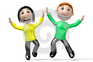 3D boy and girl jumping in the air