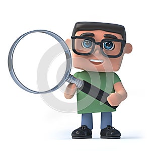 3d Boy in glasses using a magnifying glass