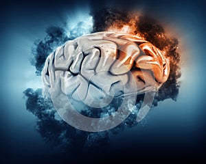 3D brain with storm clouds and frontal lobe highlighted