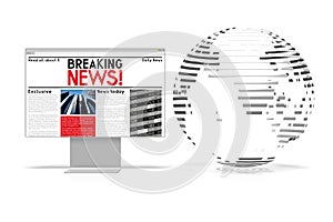 3D breaking news concept, computer monitor