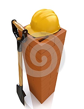 3D brickwork, yellow safety helmet and shovel. Construction concept. Workplace