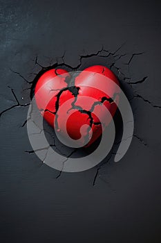 3d broken red heart on black background. Love and broken heart concept