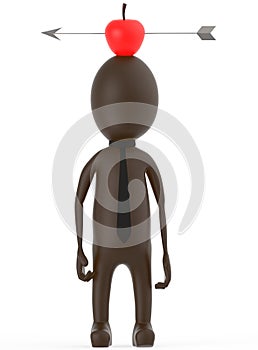 3d brown character standing with a arrow hitted apple on his head