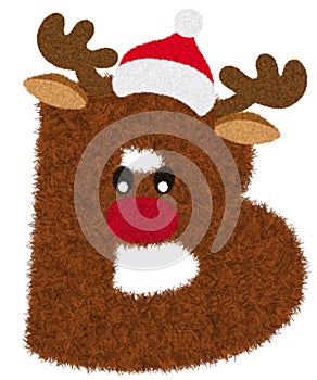 3D â€œBrown Reindeer wool fur feather letterâ€ creative decorative with Red Christmas hat, Character B.