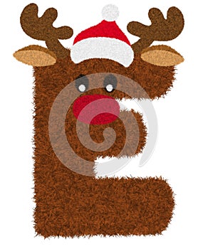 3D â€œBrown Reindeer wool fur feather letterâ€ creative decorative with Red Christmas hat, Character E.