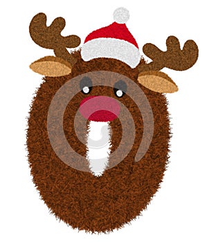 3D â€œBrown Reindeer wool fur feather letterâ€ creative decorative with Red Christmas hat, Character O.