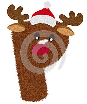 3D â€œBrown Reindeer wool fur feather letterâ€ creative decorative with Red Christmas hat, Character P.