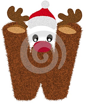 3D â€œBrown Reindeer wool fur feather letterâ€ creative decorative with Red Christmas hat, Character W.