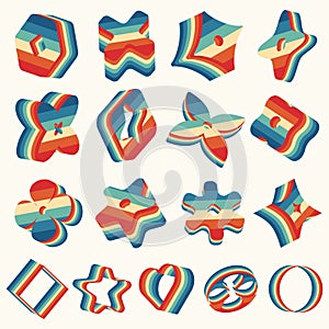 3D Brutalist abstract geometric shapes elements with retro striped texture set. Vector