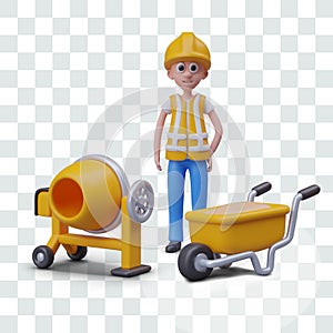 3D builder stands near wheelbarrow and concrete mixer. Scene from working life