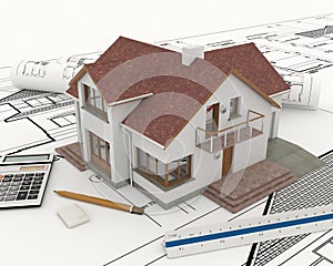 3D building with blueprint plans