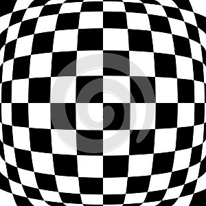 3d bulging, convex, globular, protuberant distortion, deformation on checkered, black and white squares pattern, background.