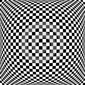 3d bulging, convex, globular, protuberant distortion, deformation on checkered, black and white squares pattern, background.