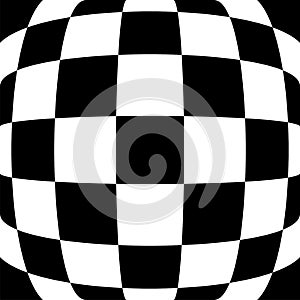 3d bulging, convex, globular, protuberant distortion, deformation on checkered, black and white squares pattern, background.