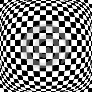 3d bulging, convex, globular, protuberant distortion, deformation on checkered, black and white squares pattern, background.