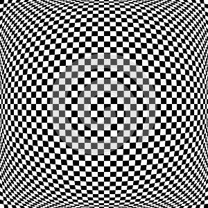 3d bulging, convex, globular, protuberant distortion, deformation on checkered, black and white squares pattern, background.