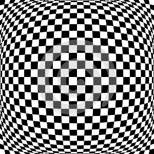 3d bulging, convex, globular, protuberant distortion, deformation on checkered, black and white squares pattern, background.