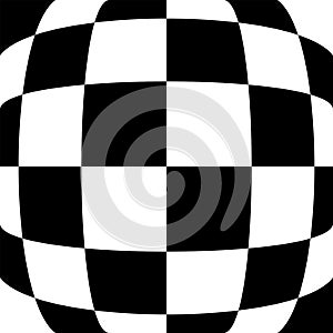 3d bulging, convex, globular, protuberant distortion, deformation on checkered, black and white squares pattern, background.