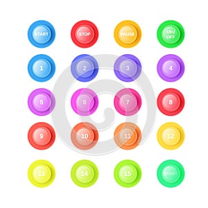 3d bullet point vector illustration set - isolated bright colorful round pointers with numbers from 1 to 15 and start