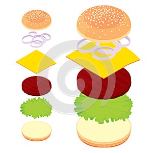 3d burger, cheeseburger, set of ingredients bread, meat, cheese