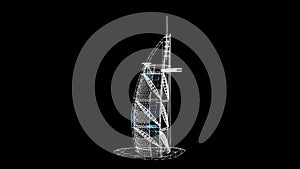 3D Burj Al Arab scan on black bg. Dubai skyline. Architectural and tourist concept. For title, text, presentation. 3d