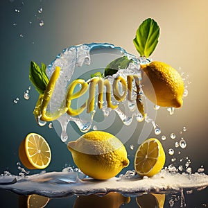 A 3D burst of Fresh Healthy lemons fruits Splash and mint leaves. Healthy foods with Zesty Hydration.